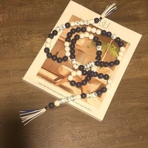 Blue & White beautiful wood and acrylic bead garland 8ft & 4in tassels handmade